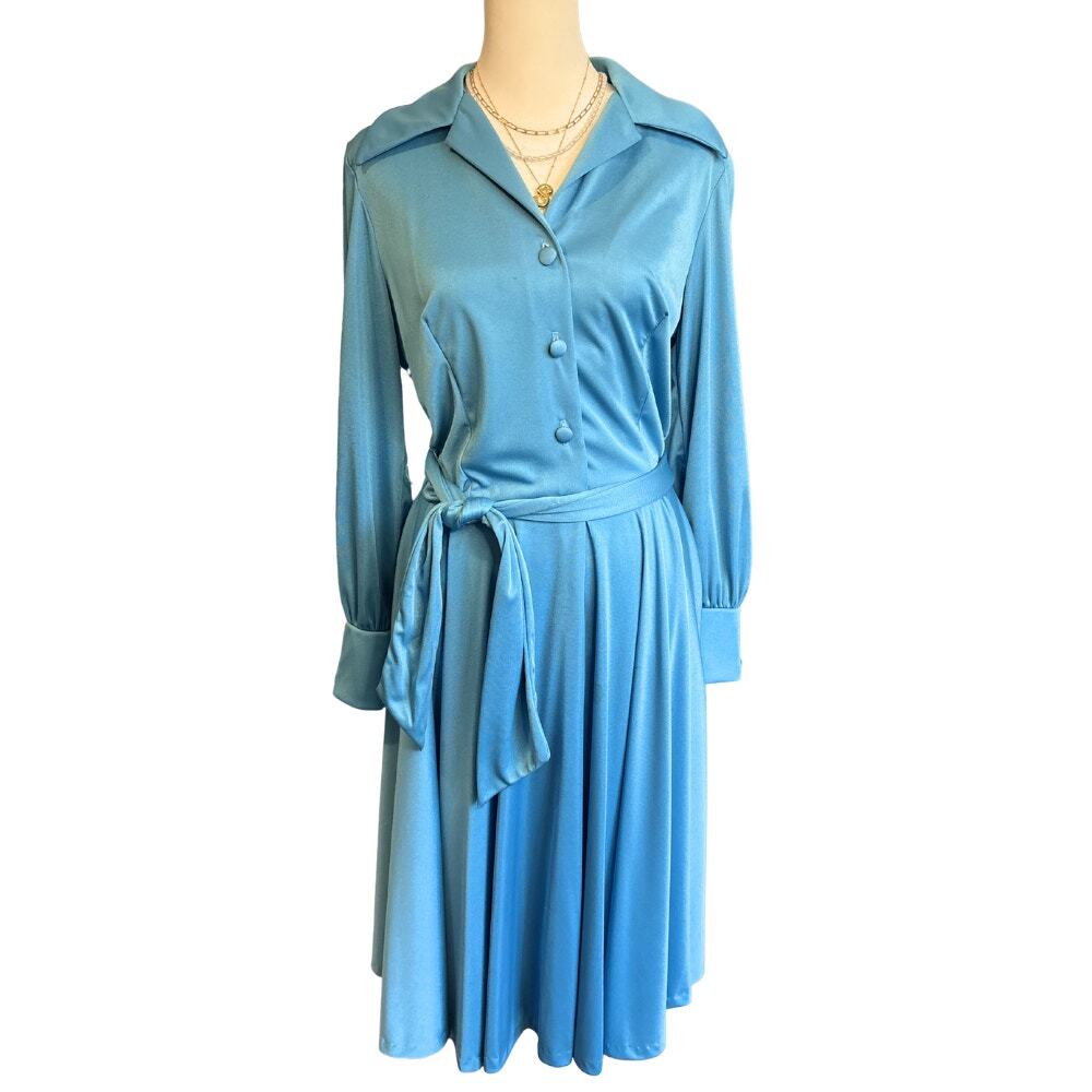 Beege Vintage Satin Jersey Tie Waist Midi Dress Steel Blue circa 1970s S/M